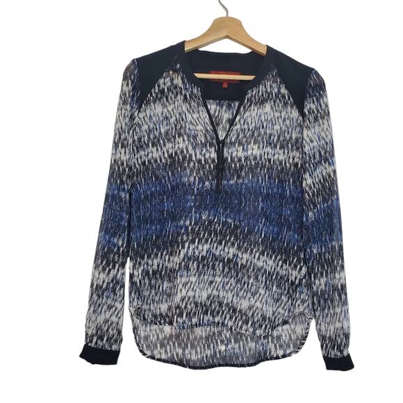 7FAM | Abstract Ombre Pattern Semi-Sheer Long Sleeve Half Button Front Blouse - Picture 1 of 7